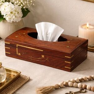 Vintage Wooden Tissue Box Cover Brass Inlay Floral Handcrafted Wood Decor